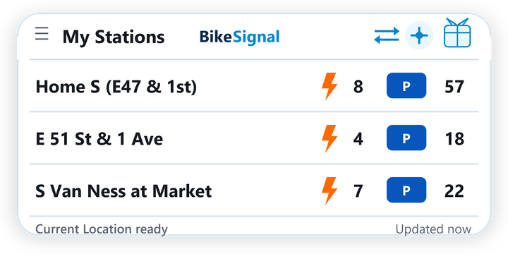BikeSignal Android widget showing saved bike-share stations and e-bike counts